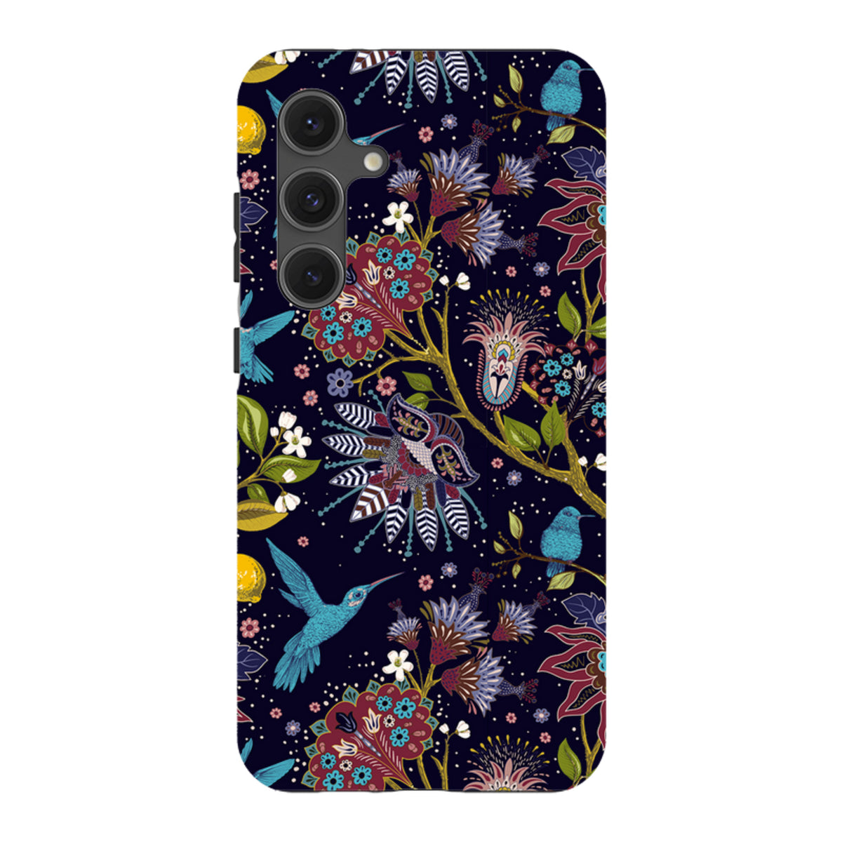 Samsung Tough Case featuring a dark floral and hummingbird pattern with a dual-layer protective design.