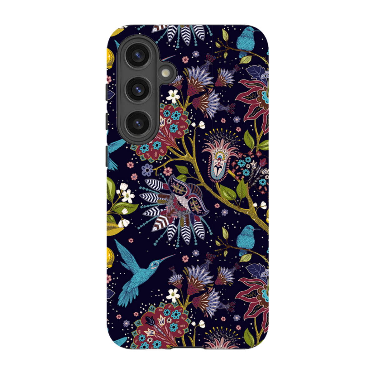 Samsung Tough Case featuring a vibrant floral and hummingbird pattern on a dark navy background with dual-layer protection.