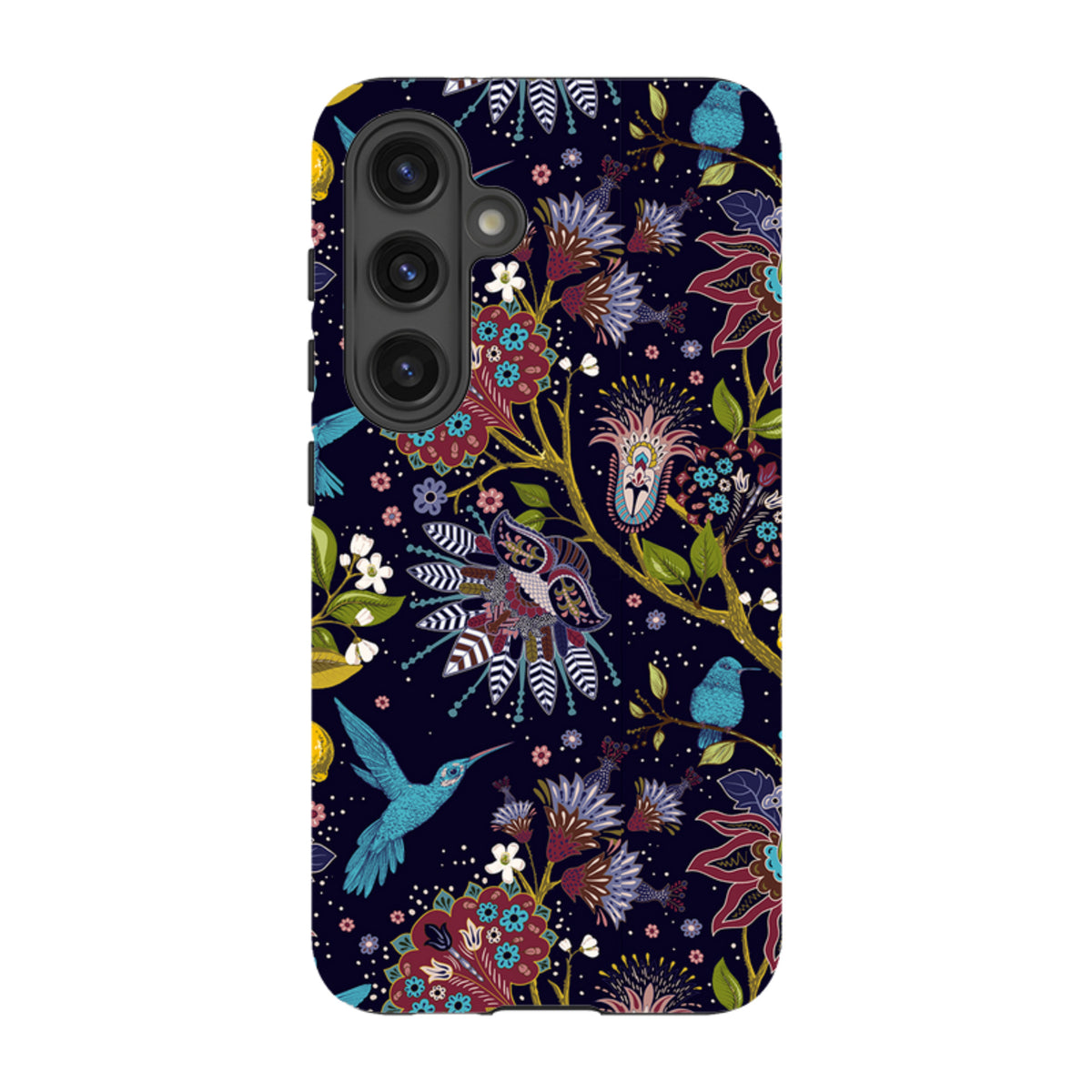 Samsung Tough Case featuring a dark floral pattern with hummingbirds and vibrant botanical art on a durable dual-layer shell.
