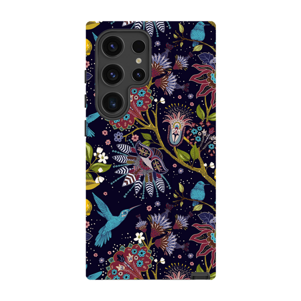 Samsung Galaxy tough case featuring a dark floral pattern with vibrant hummingbirds and intricate botanical art.