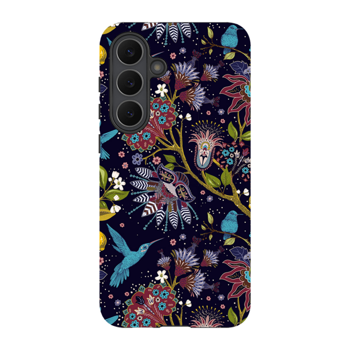 Samsung Tough Case featuring a dark floral pattern with vibrant hummingbirds and intricate botanical illustrations.