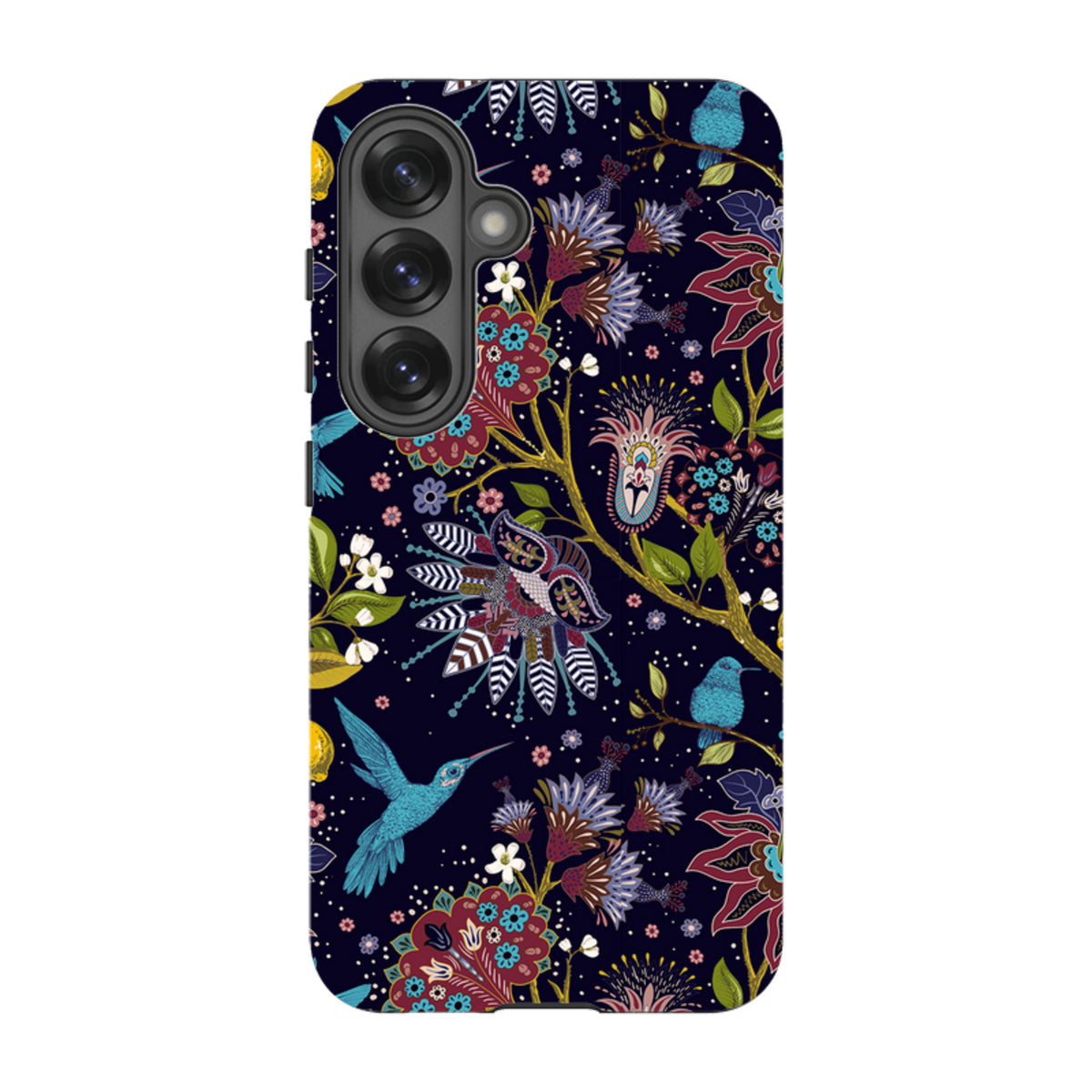 Samsung Tough Case featuring a vibrant floral and hummingbird pattern on a dark navy background with dual-layer protection.