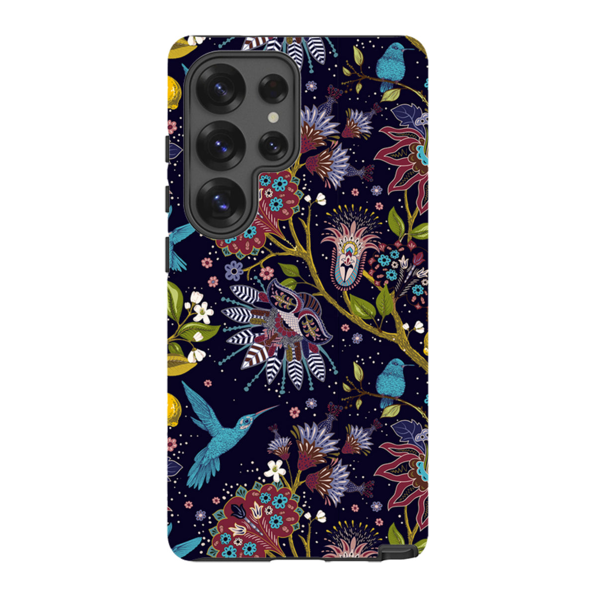Samsung Galaxy tough case featuring a dark navy floral pattern with vibrant hummingbirds and intricate botanical art.