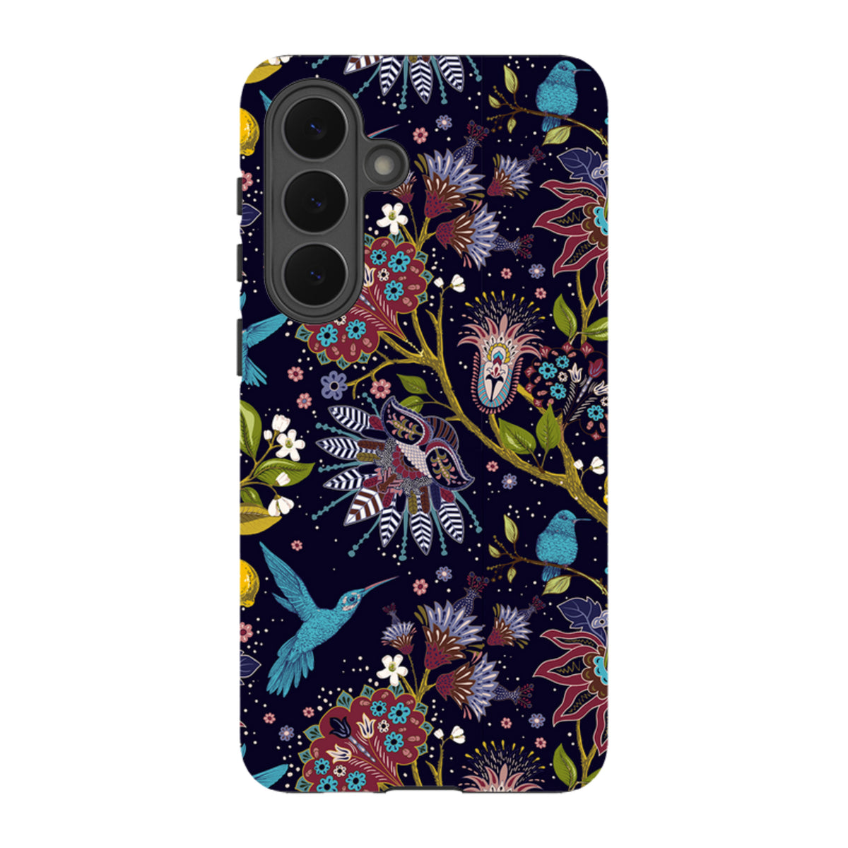 Samsung Tough Case featuring a dark floral pattern with blue hummingbirds and vibrant botanical art on a protective shell.