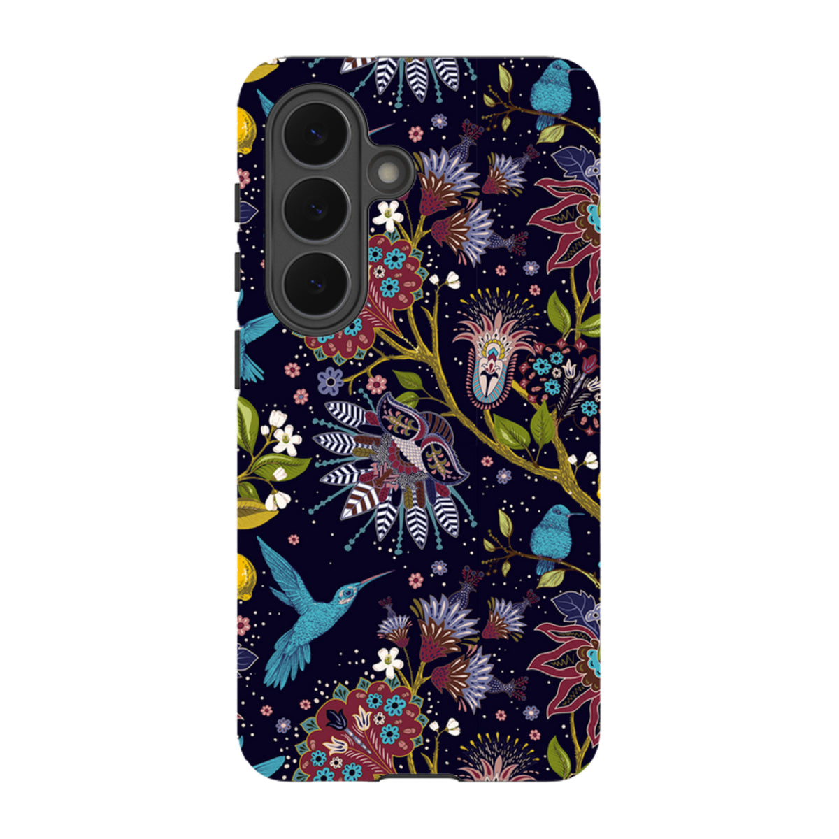 Samsung Tough Case featuring a dark floral pattern with vibrant hummingbirds and intricate botanical illustrations.
