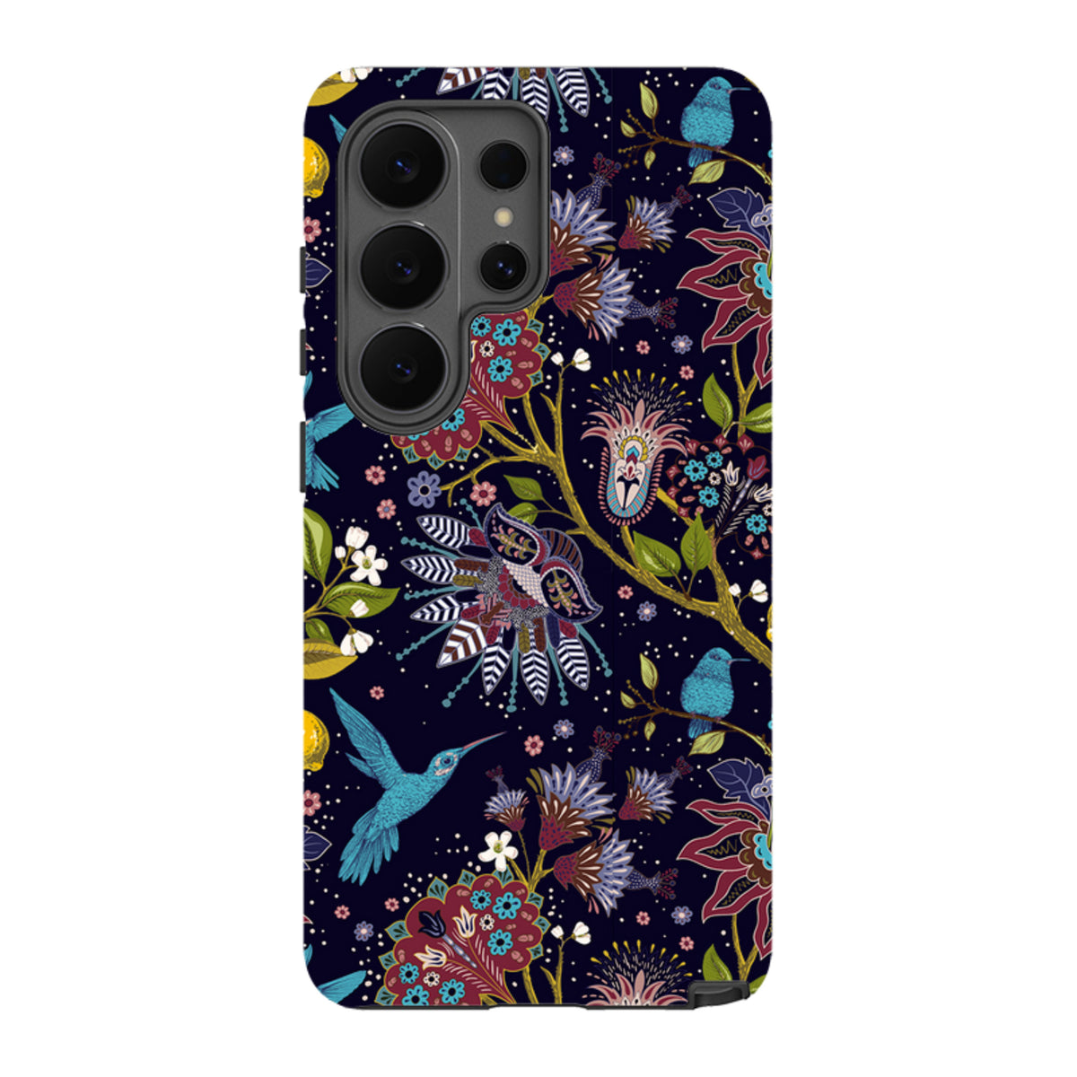 Samsung Tough Case featuring a dark floral pattern with hummingbirds and vibrant botanical art on a durable dual-layer shell.