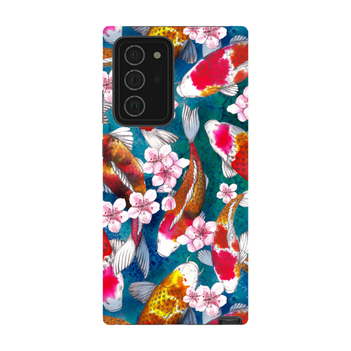 Samsung Tough Case featuring vibrant koi fish and cherry blossom artwork on a deep blue background for Galaxy phones.