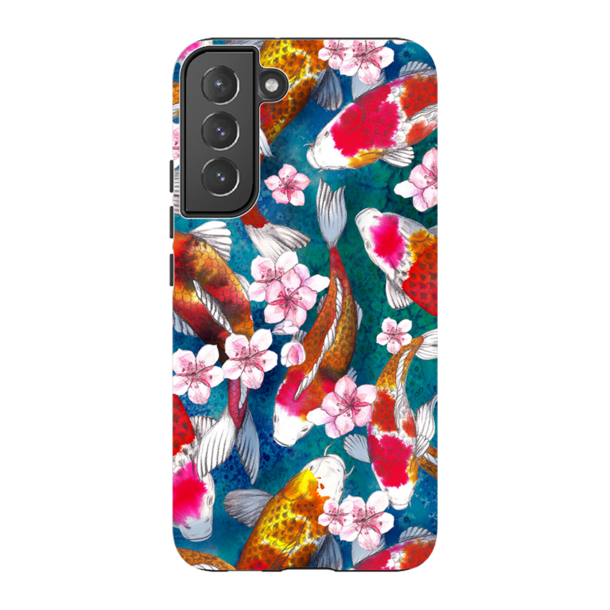 Samsung Tough Case featuring a vibrant koi fish and cherry blossom pattern on a deep blue background for Galaxy phones.