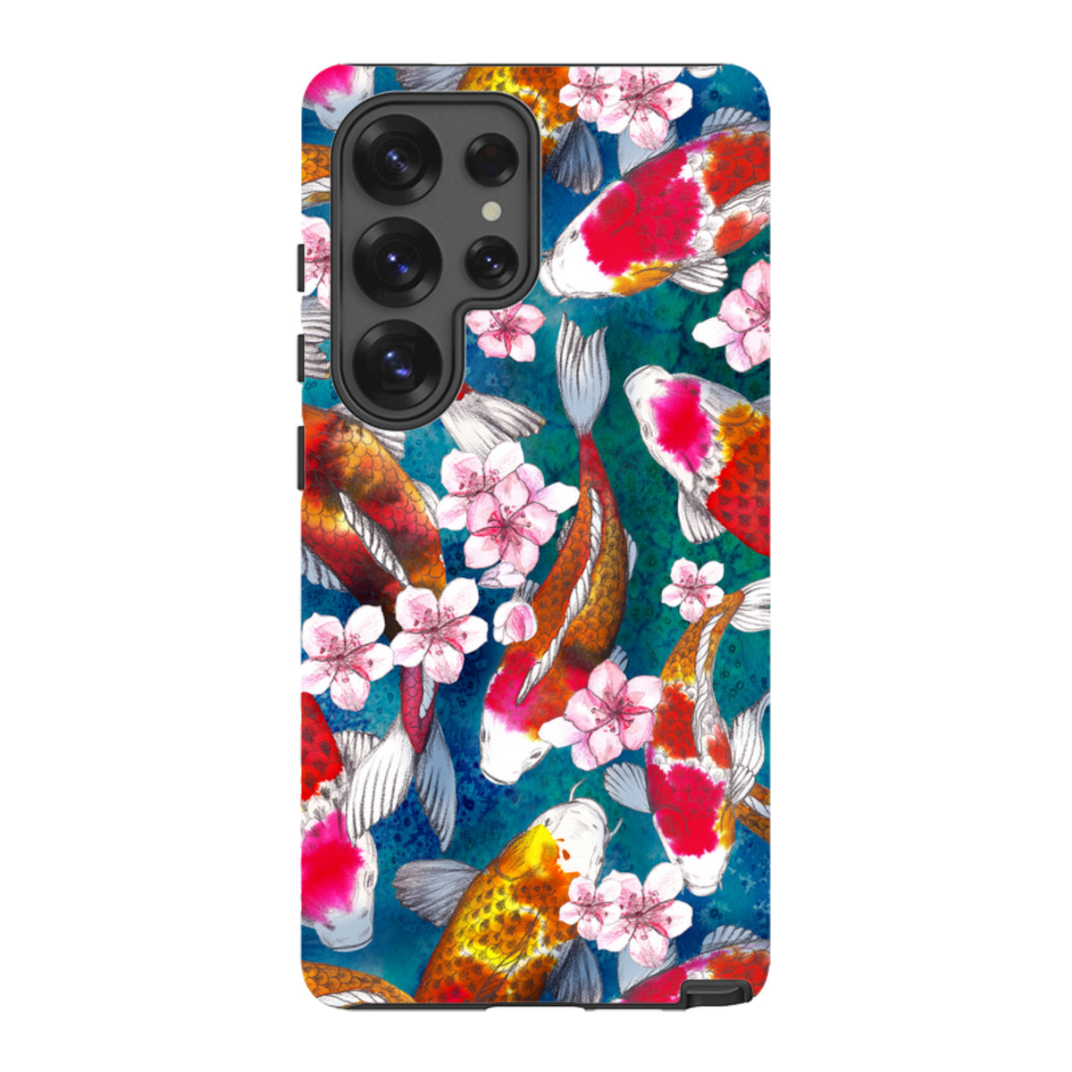 Samsung Tough Case featuring a vibrant koi fish and cherry blossom pattern on a deep blue background.