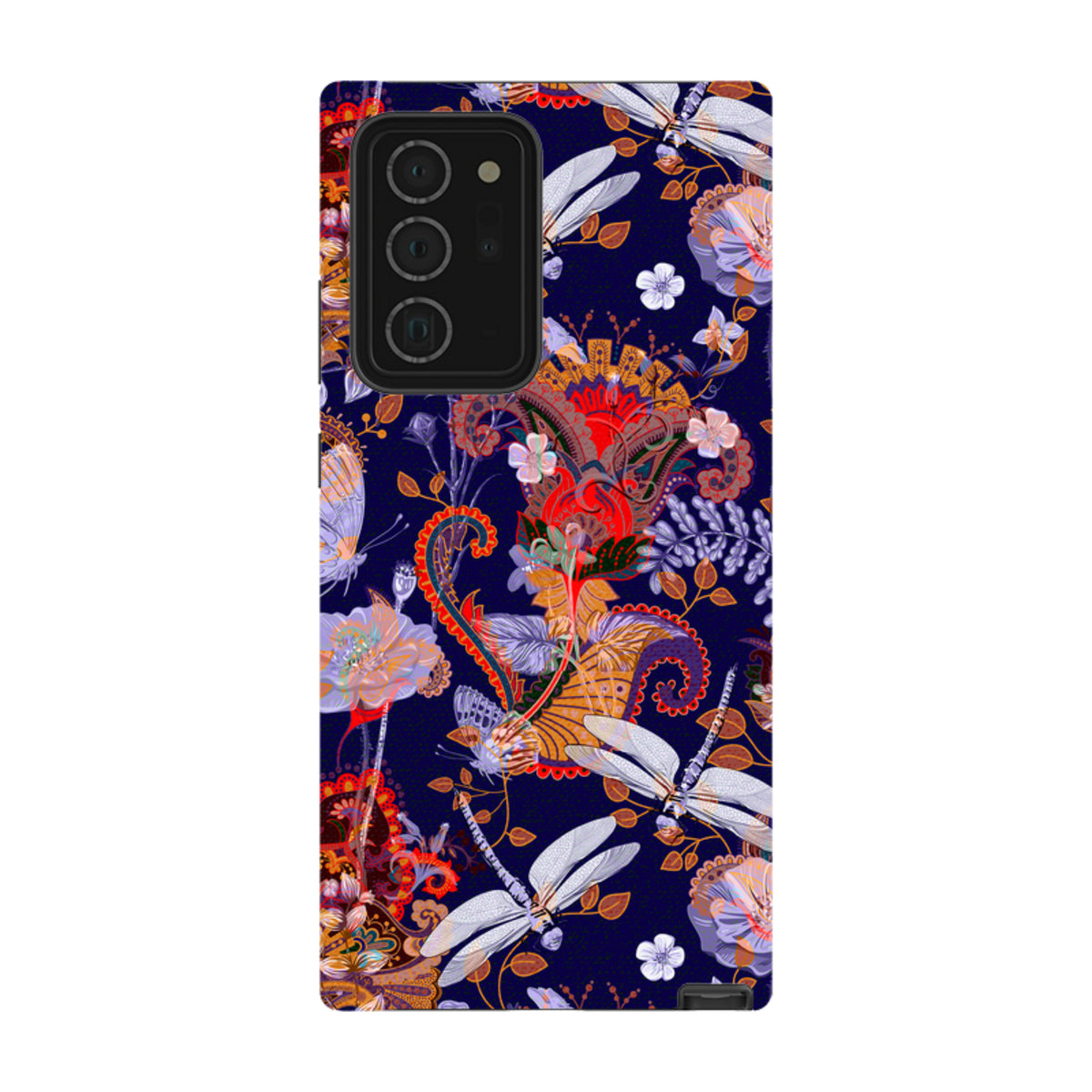 Samsung Tough Case featuring a dark blue background with vibrant dragonfly, floral, and paisley patterns.