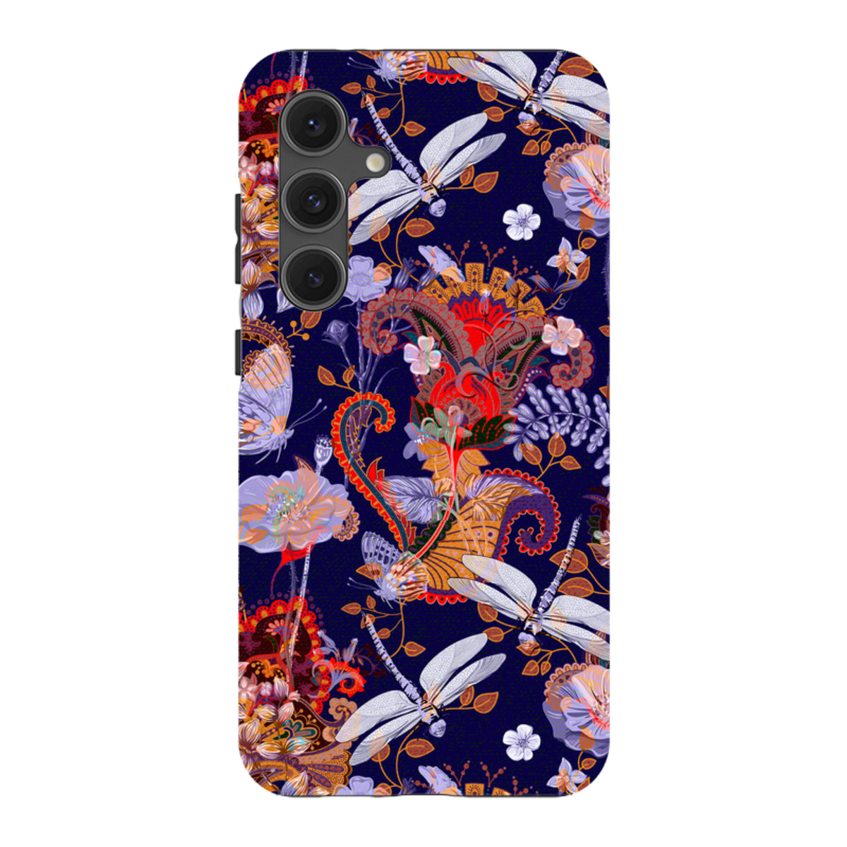 Samsung Tough Case featuring a dark blue floral and dragonfly pattern with vibrant red and orange paisley accents.