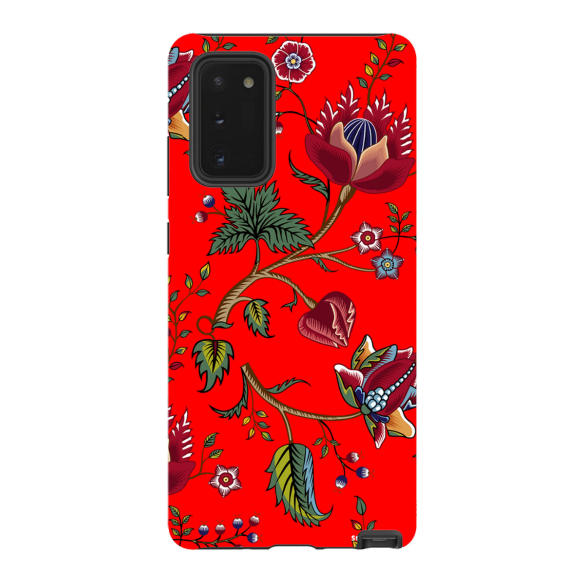 Samsung Galaxy tough case featuring a vibrant red background with intricate floral and botanical skeleton art.