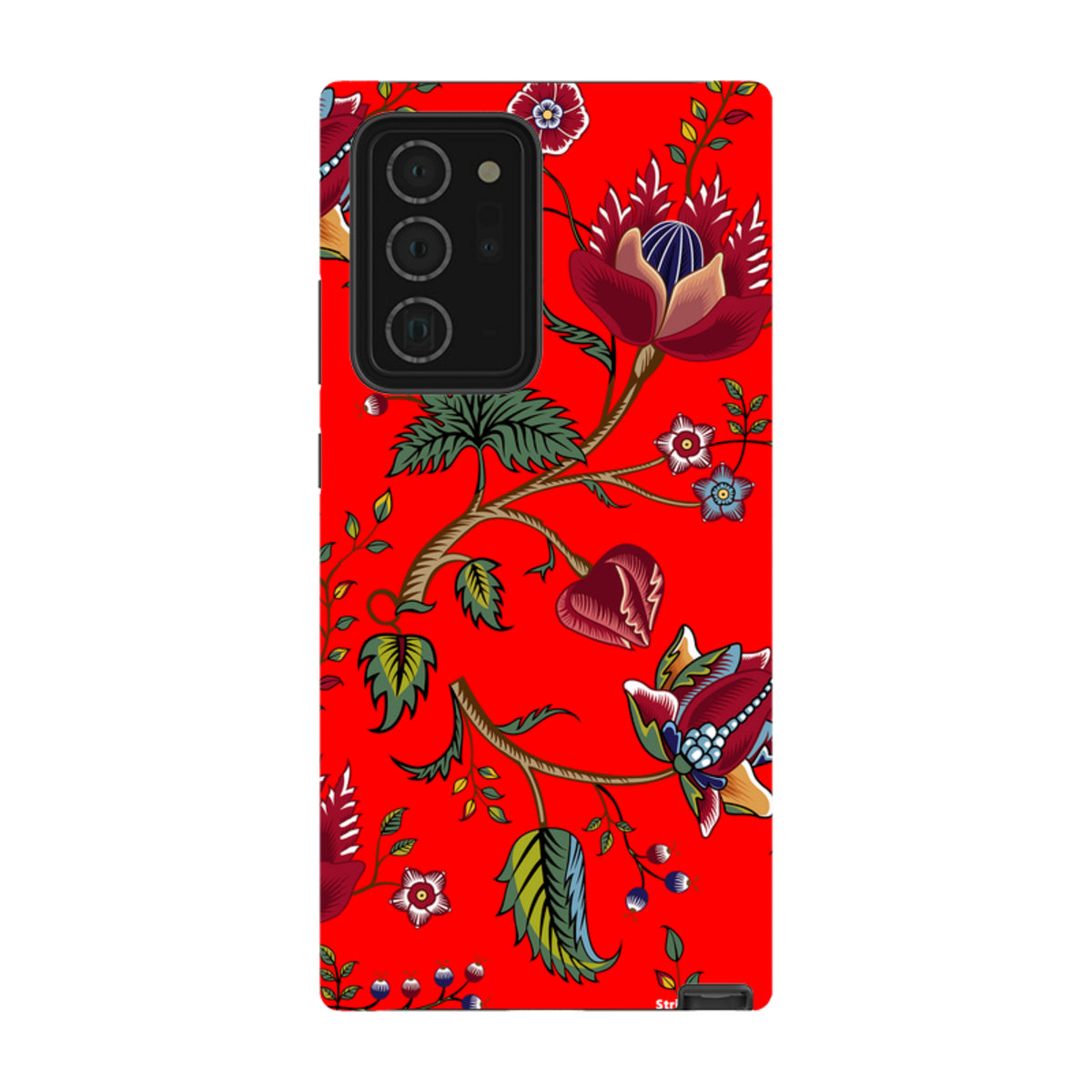 Samsung Tough Case featuring a vibrant red background with a detailed floral and botanical skeleton art print.