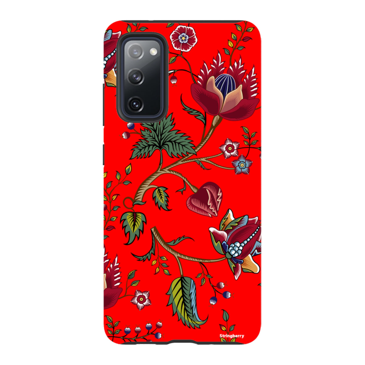 Samsung Galaxy tough case featuring a vibrant red background with intricate floral and botanical illustrations.