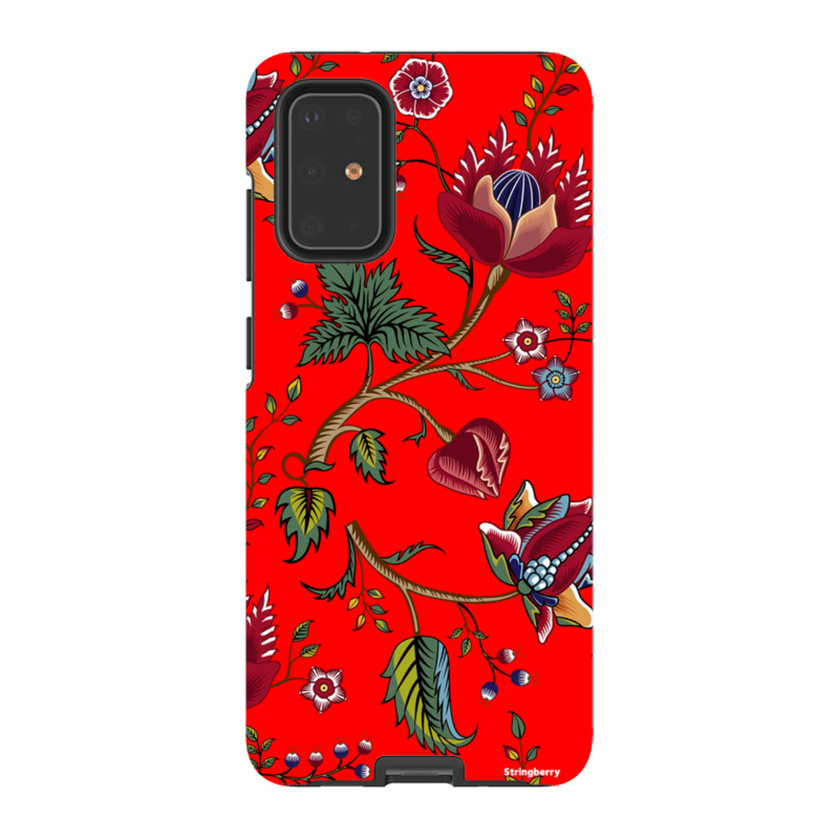 Samsung Galaxy tough case in vibrant red with a detailed floral and botanical print featuring green leaves and blooms.