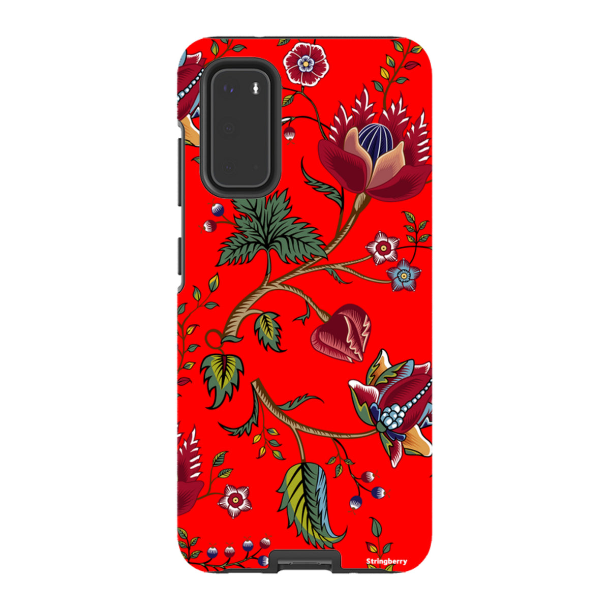 Samsung Galaxy tough case featuring a vibrant red background with intricate floral and botanical illustrations.