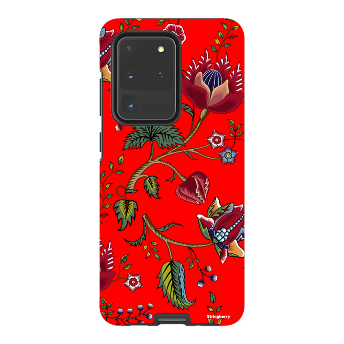 Samsung Galaxy tough case featuring a vibrant red background with intricate floral and botanical artwork.