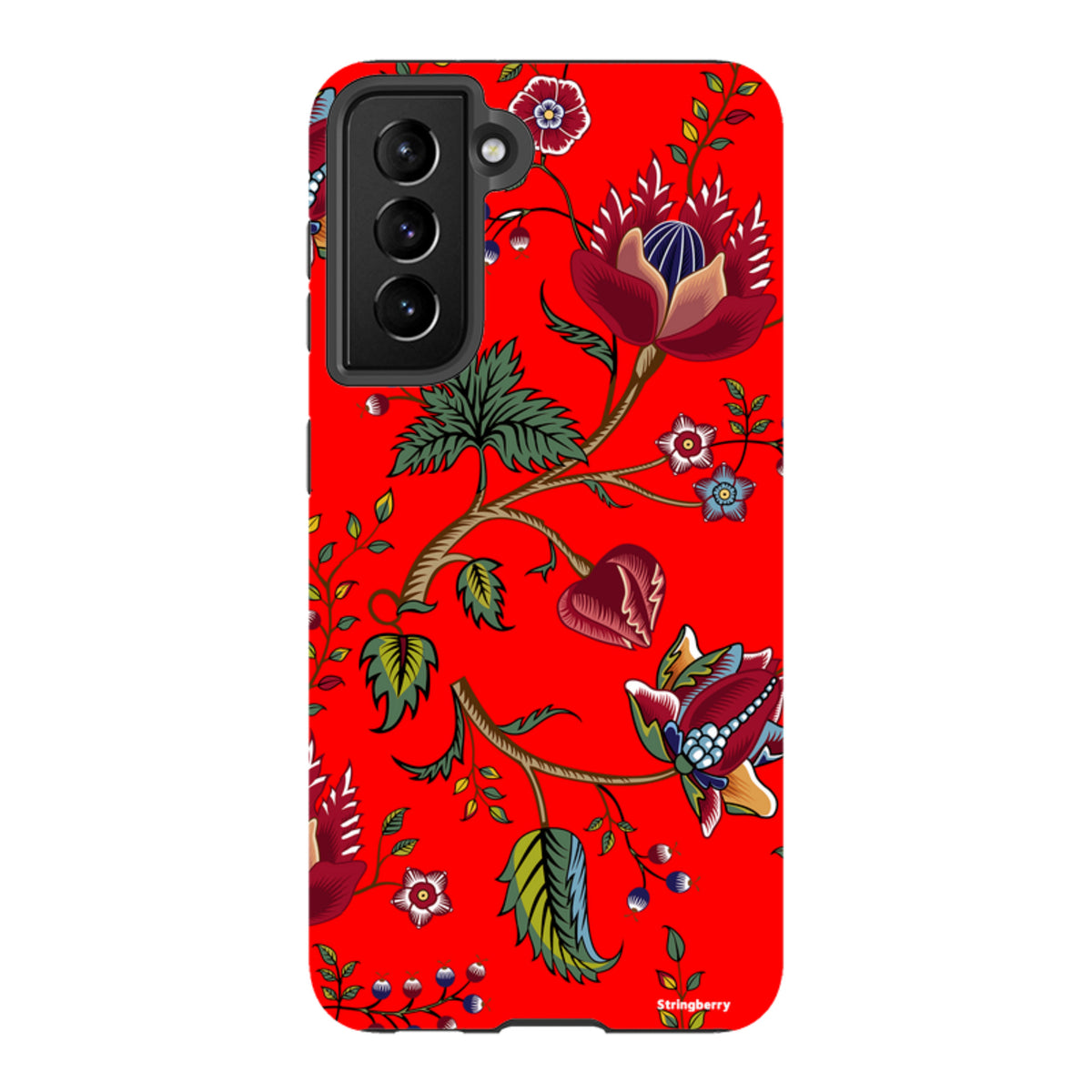 Samsung Tough Case with a vibrant red background and detailed floral skeleton botanical art print.
