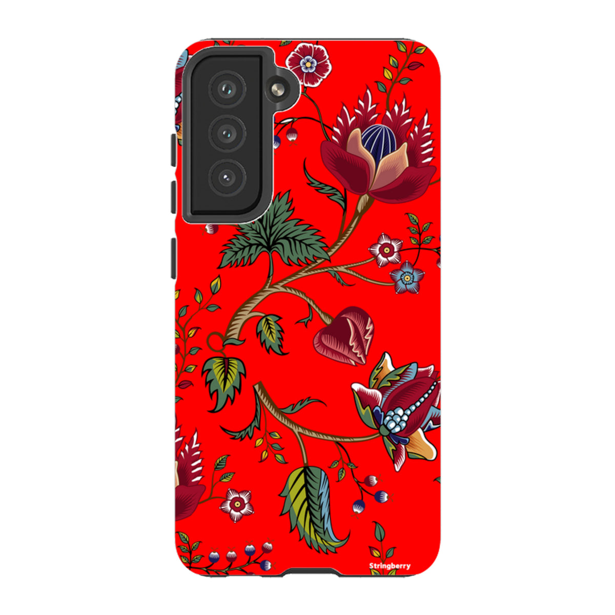Samsung Tough Case featuring a vibrant red floral pattern with detailed leaves and flowers for a durable, dual-layer fit.