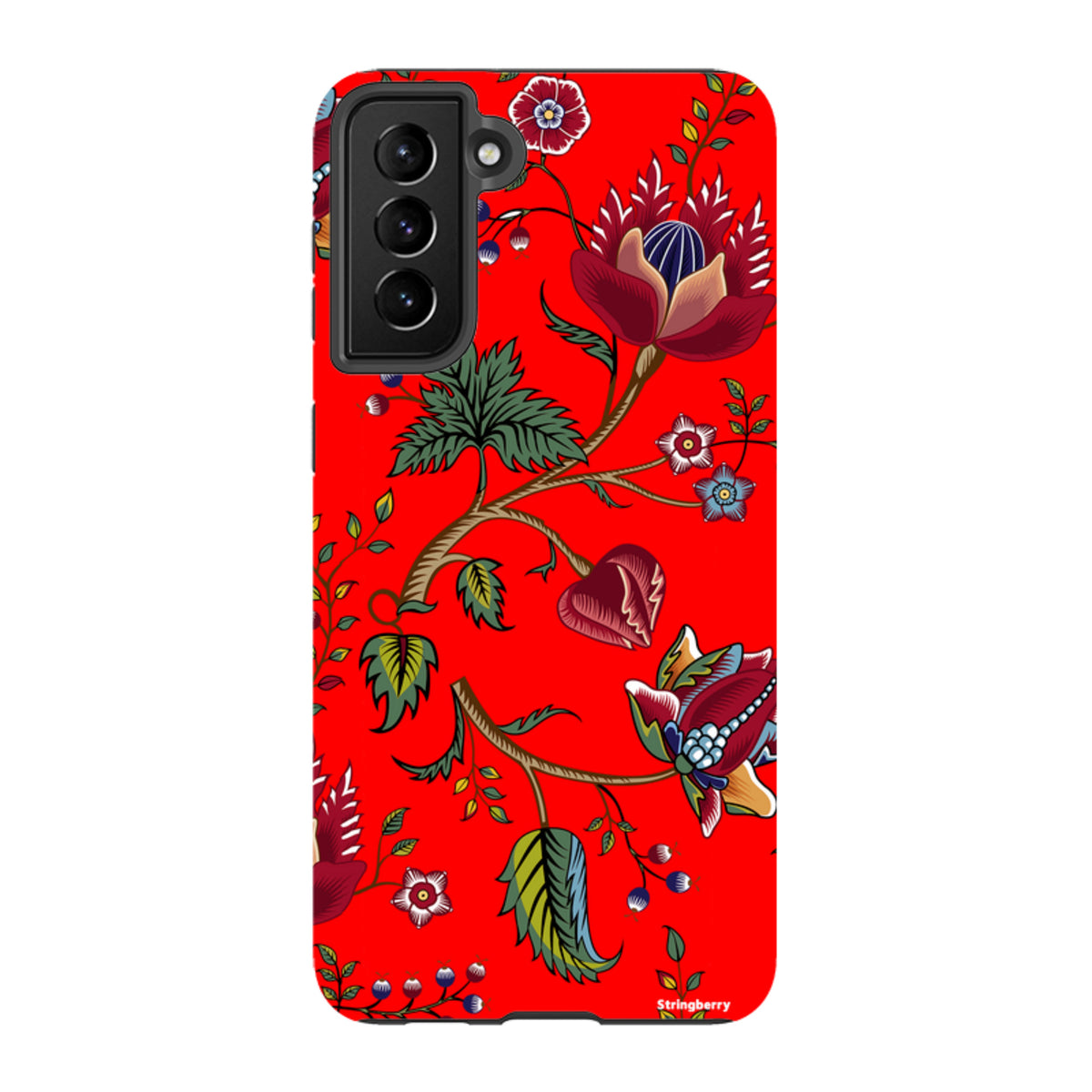 Samsung Galaxy tough case featuring a vibrant red background with intricate floral and botanical illustrations.