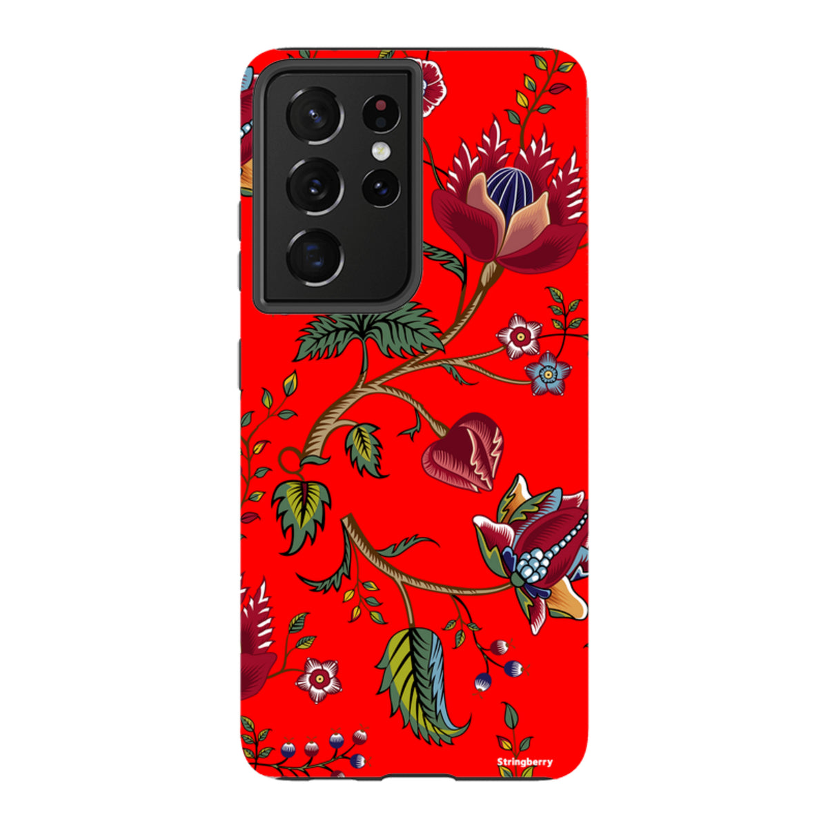 Samsung Tough Case with a vibrant red floral skeleton pattern and dual-layer protection for a Galaxy smartphone.