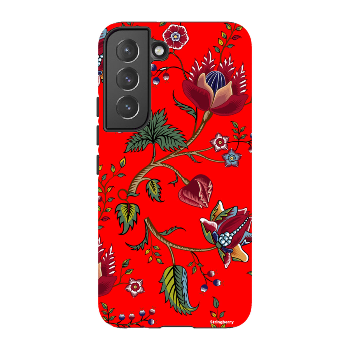 Samsung Galaxy tough case in vibrant red with a detailed floral and botanical skeleton-style art print.