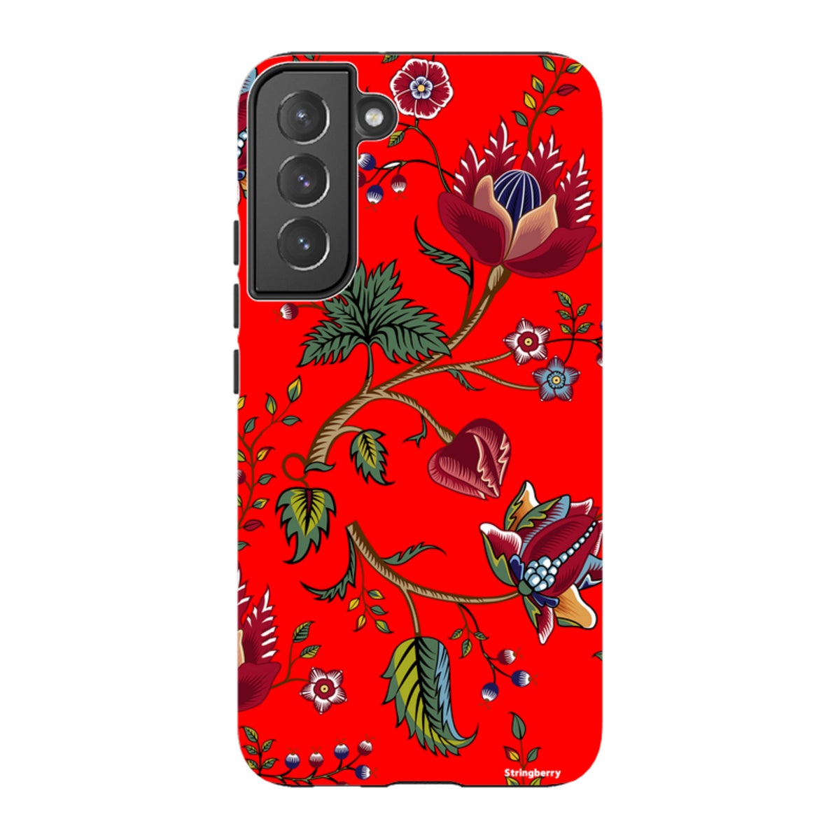 Samsung Galaxy tough case featuring a vibrant red background with intricate floral and botanical illustrations.