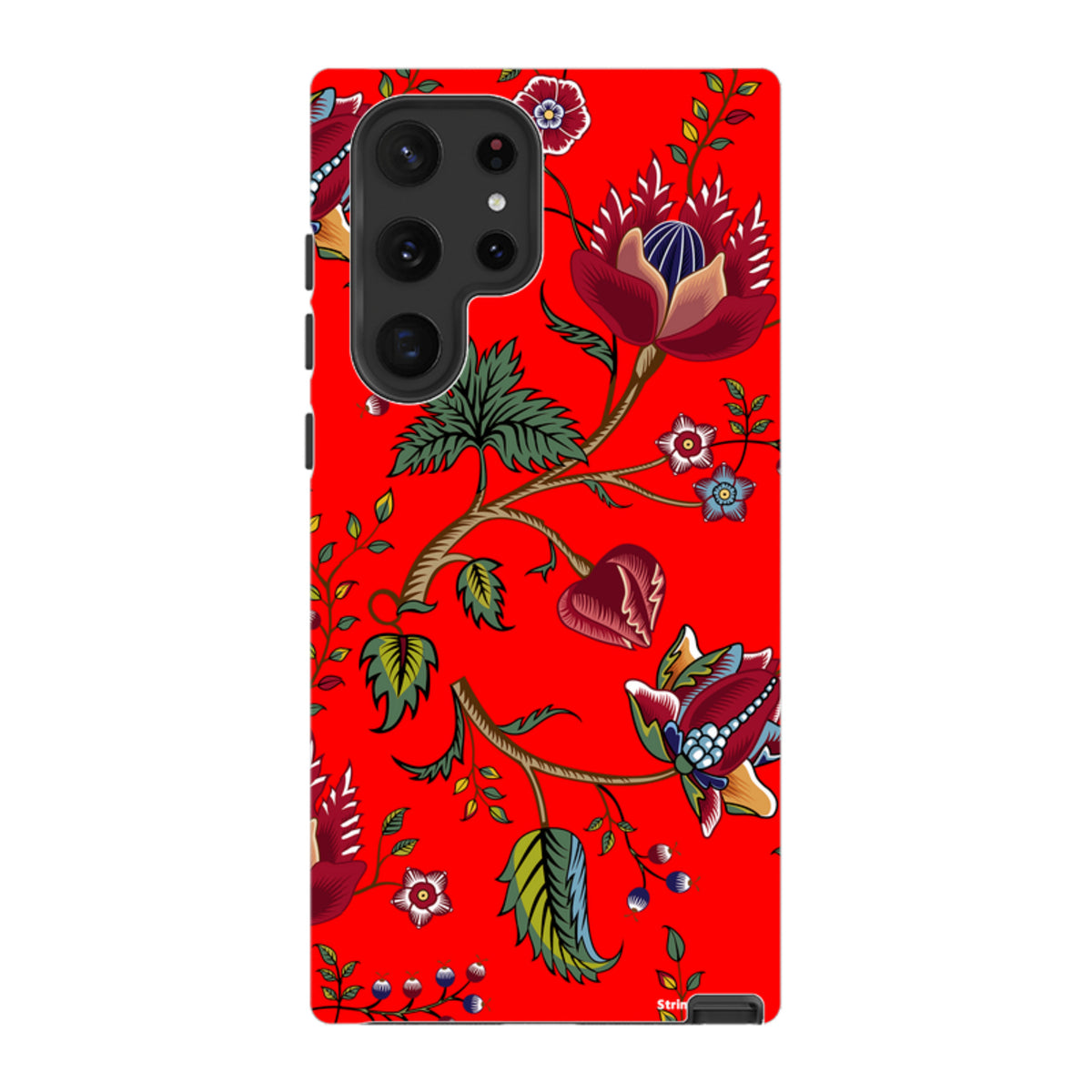 Samsung Galaxy tough case featuring a vibrant red background with a detailed floral and botanical skeleton-style print.
