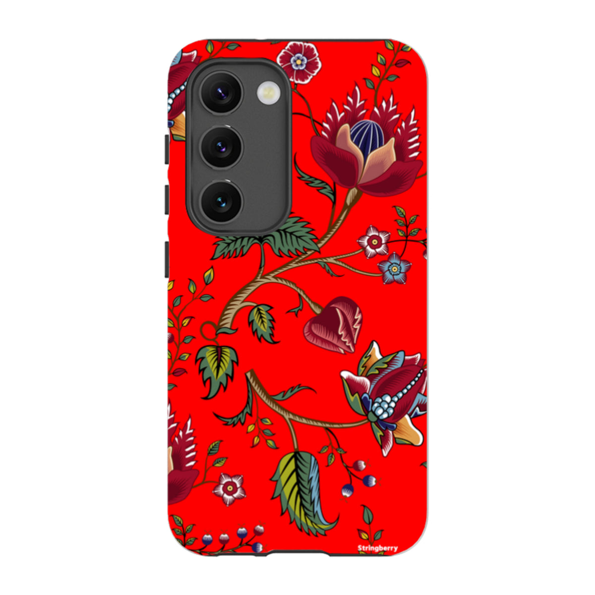 Samsung Tough Case featuring a vibrant red background with intricate floral and botanical illustrations.