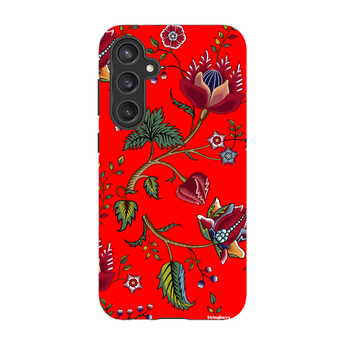 Samsung tough phone case in vibrant red with a detailed floral and botanical print, featuring a durable dual-layer design.