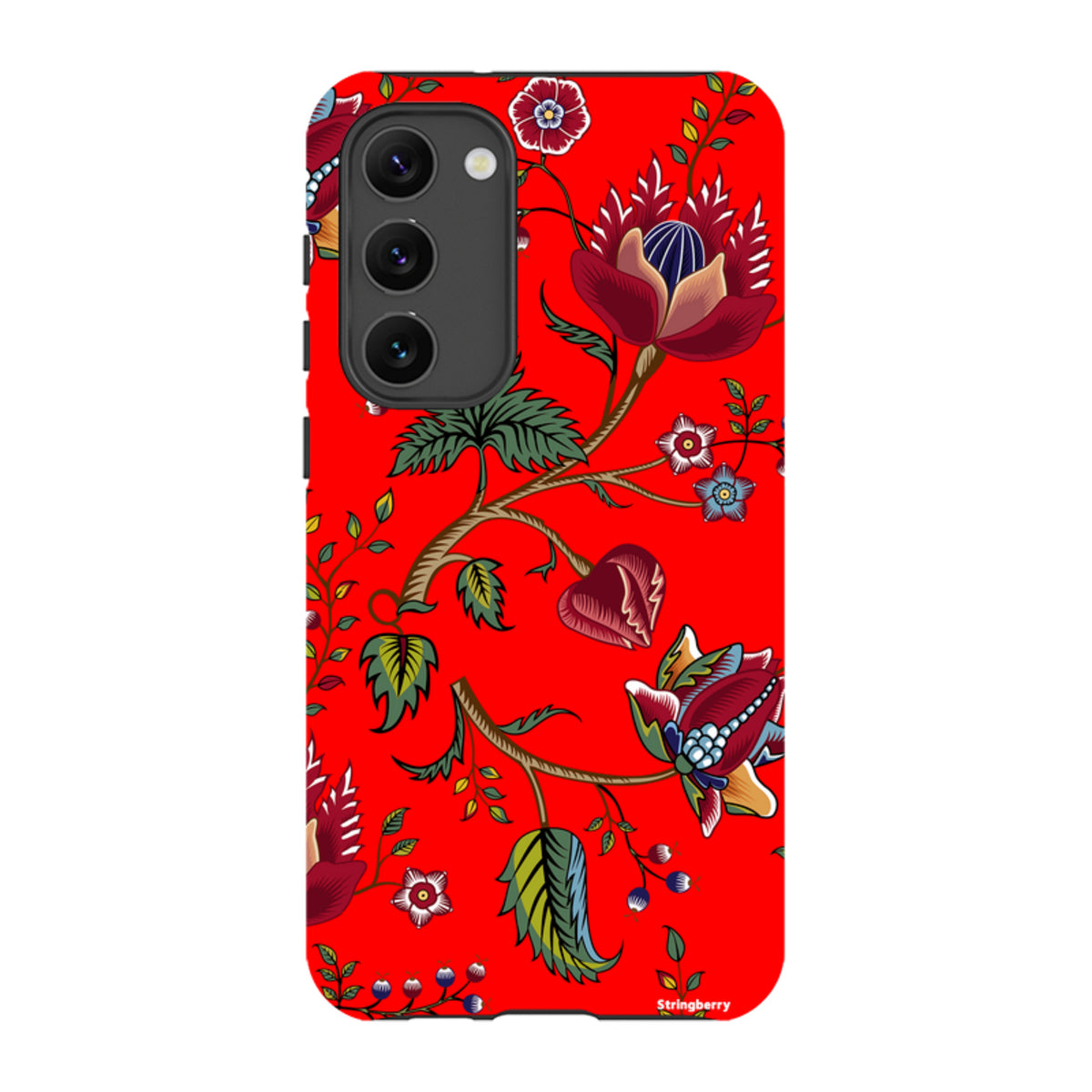 Samsung Tough Case featuring a vibrant red floral pattern with detailed botanical illustrations and a triple-lens camera cutout.