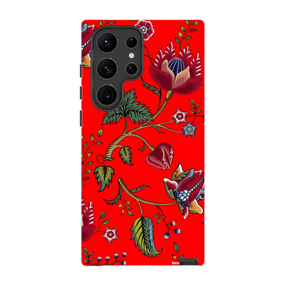Samsung Galaxy tough case featuring a vibrant red background with a detailed floral and botanical print design.