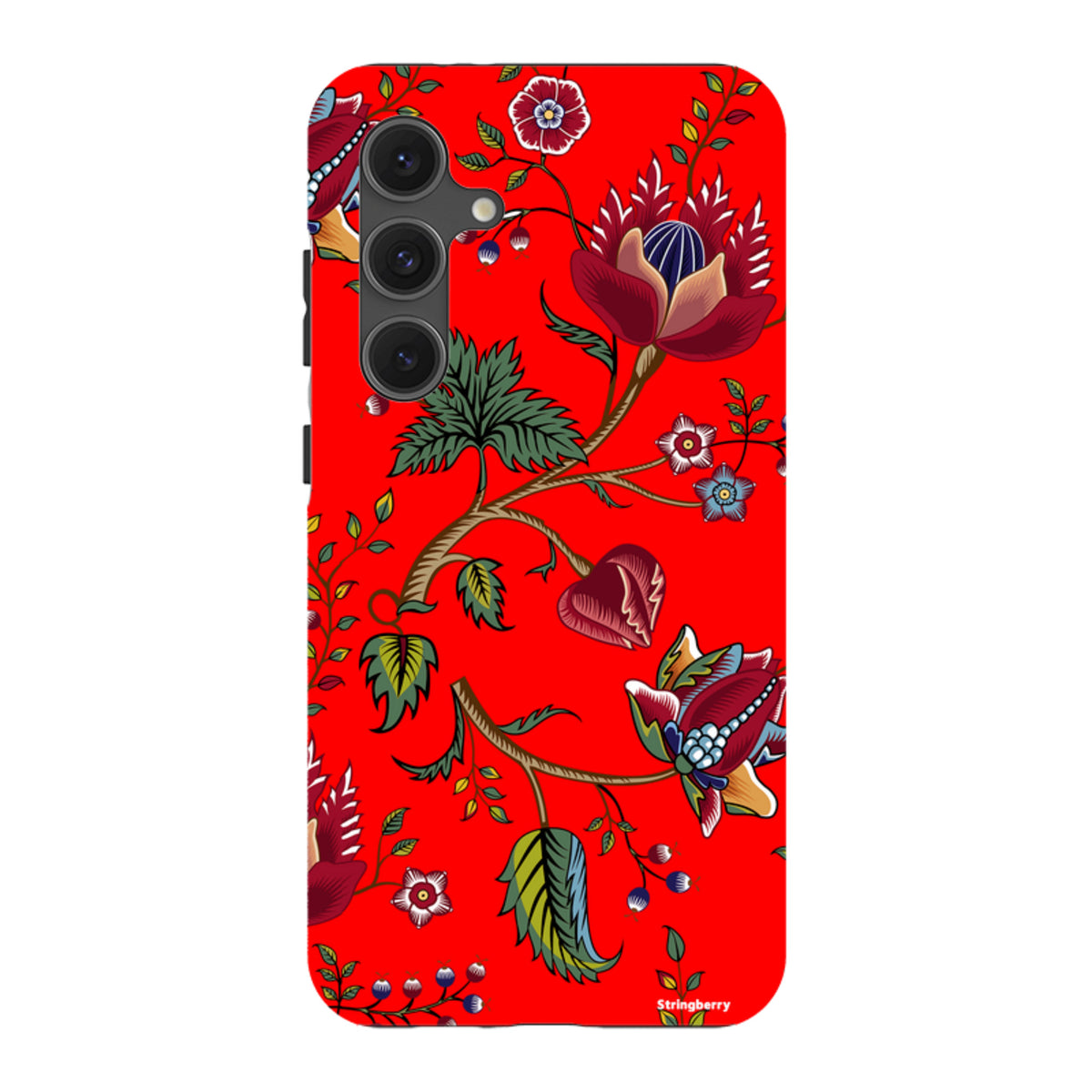 Samsung Galaxy tough case featuring a vibrant red background with intricate floral and botanical illustrations.