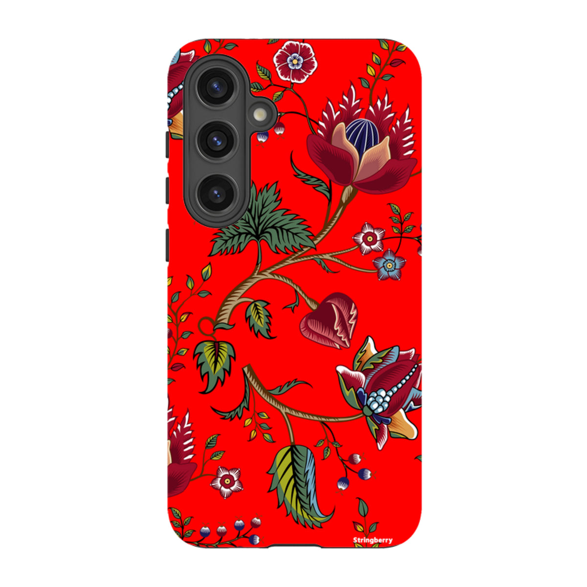 Samsung tough phone case with a vibrant red floral pattern, featuring detailed botanical illustrations and a durable finish.