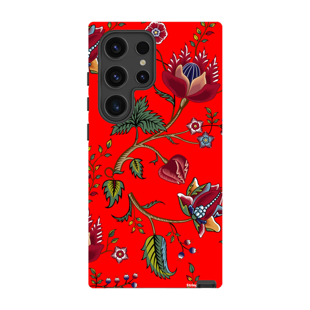 Samsung Galaxy tough case featuring a vibrant red background with intricate floral and botanical illustrations.