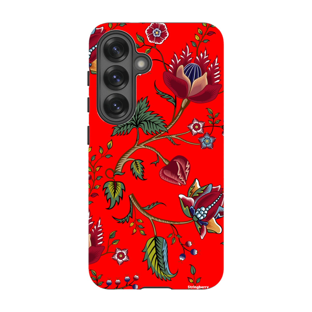 Samsung Tough Case featuring a vibrant red background with intricate floral and botanical illustrations in a dual-layer design.