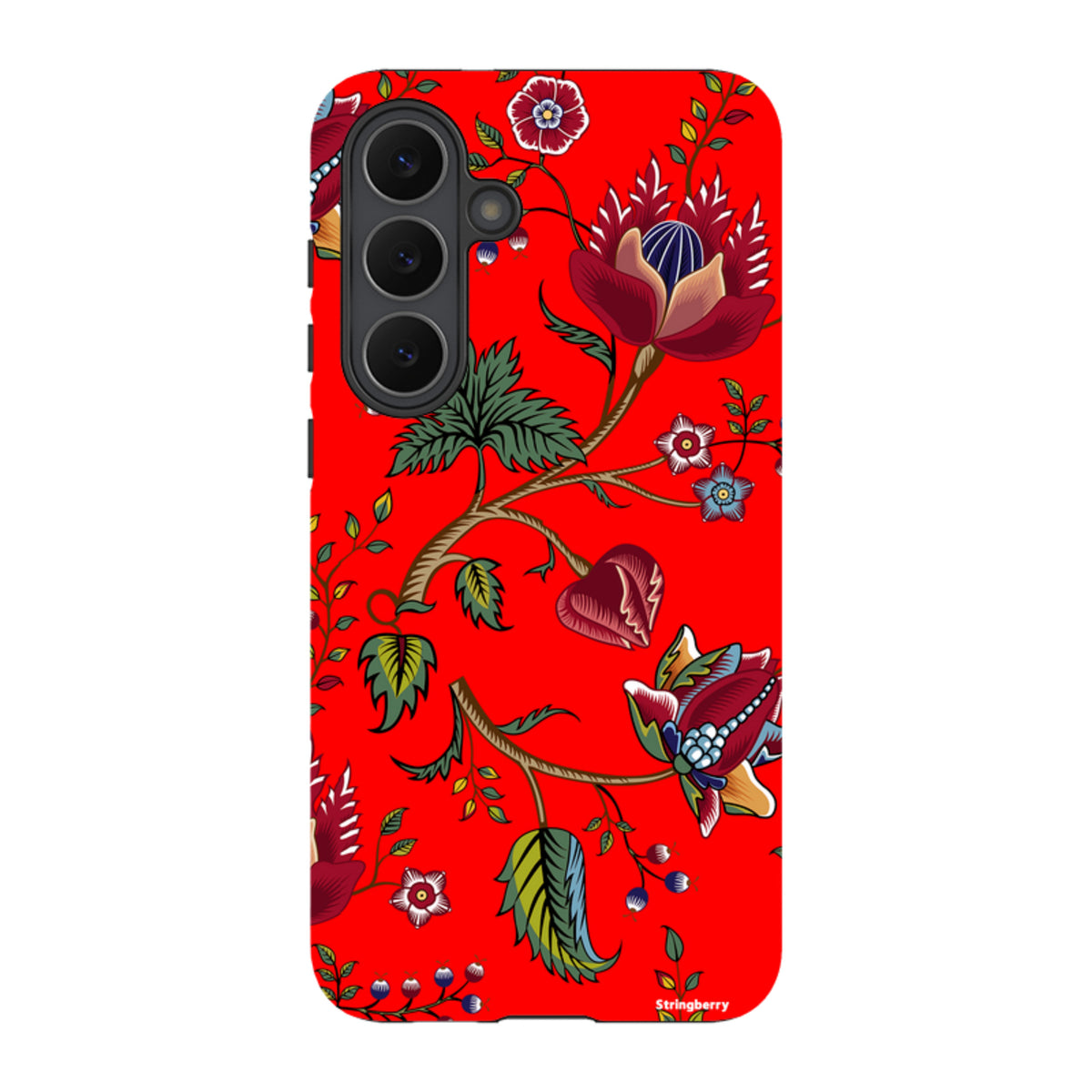 Samsung Galaxy tough case in vibrant red with a detailed floral and botanical print featuring green leaves and flowers.