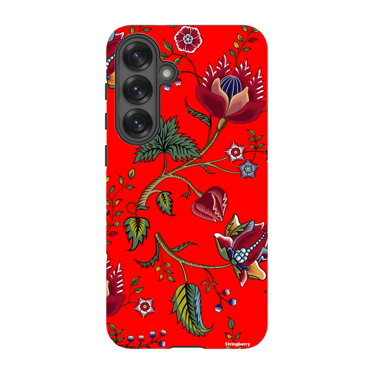 Samsung Tough Case featuring a vibrant red background with intricate floral and botanical illustrations in a dual-layer design.