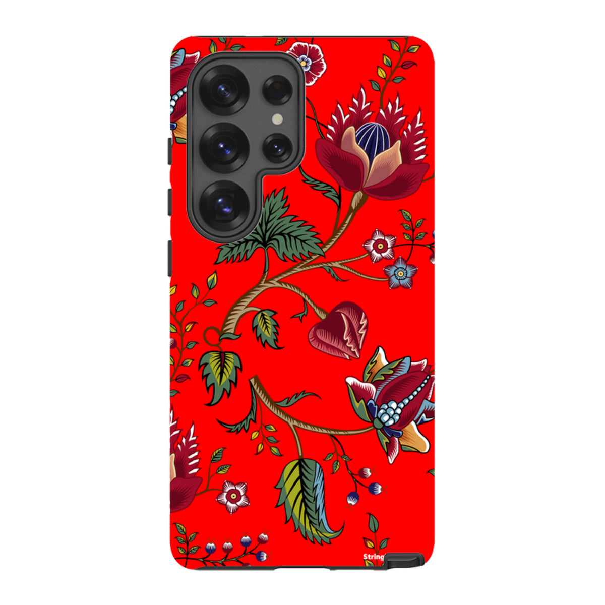 Samsung Galaxy tough case featuring a vibrant red background with intricate floral and botanical illustrations.