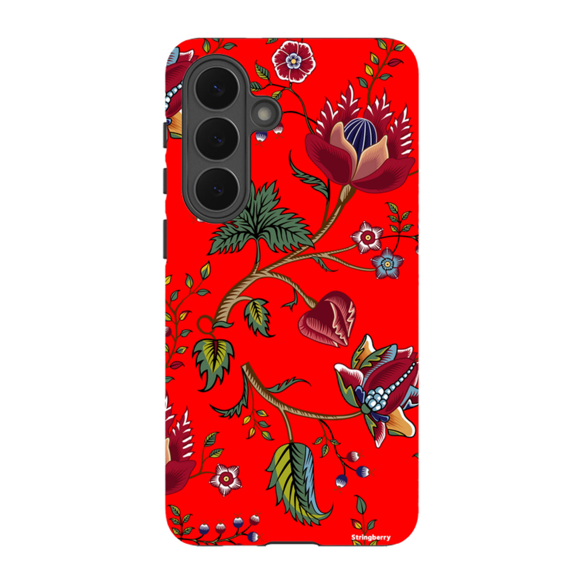 Samsung Tough Case featuring a vibrant red background with intricate floral and botanical illustrations.