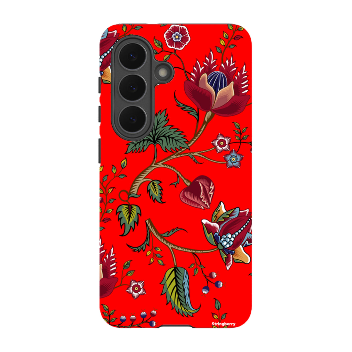 Samsung Tough Case featuring a vibrant red background with intricate floral and botanical illustrations.