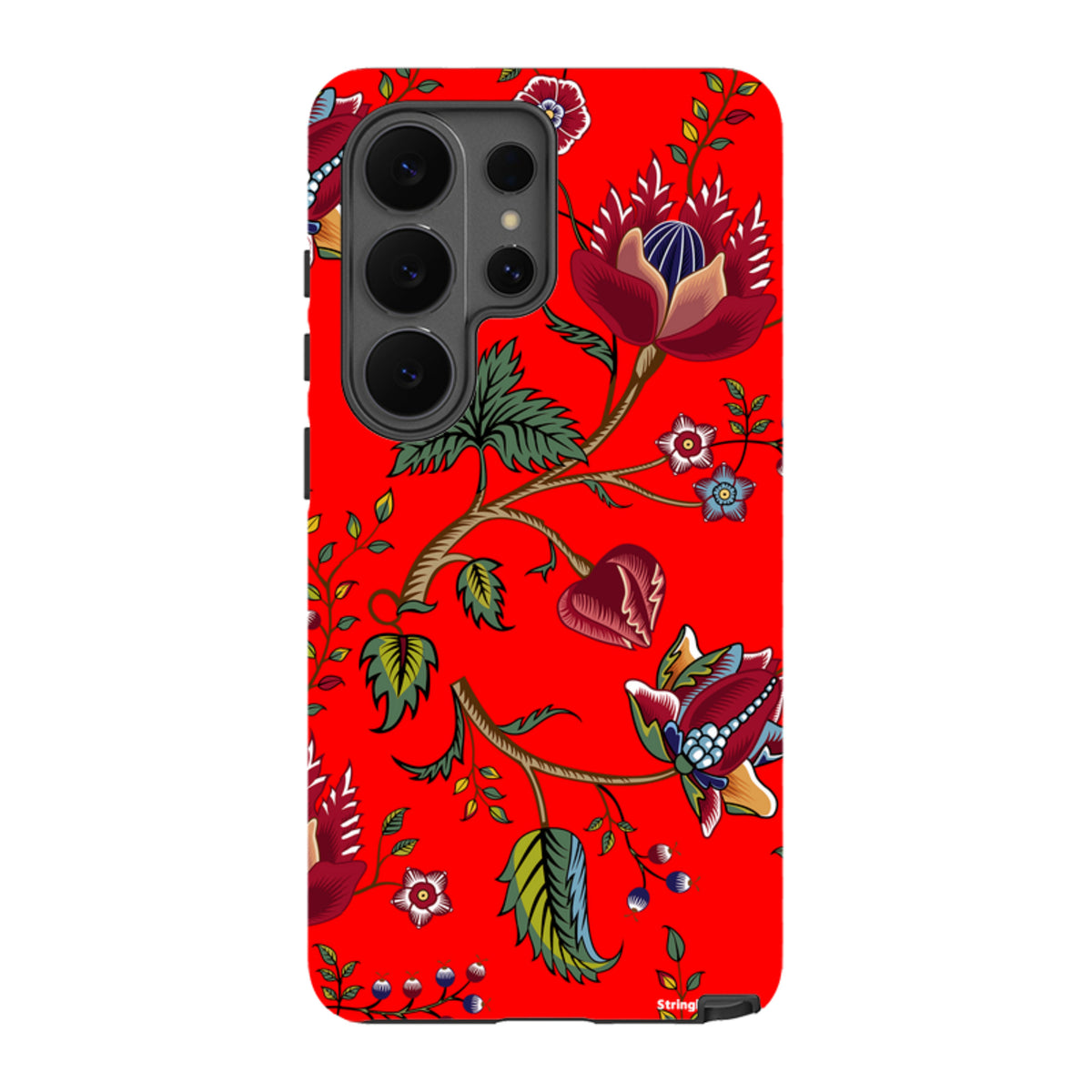 Samsung Galaxy tough case featuring a vibrant red background with detailed floral and botanical illustrations.