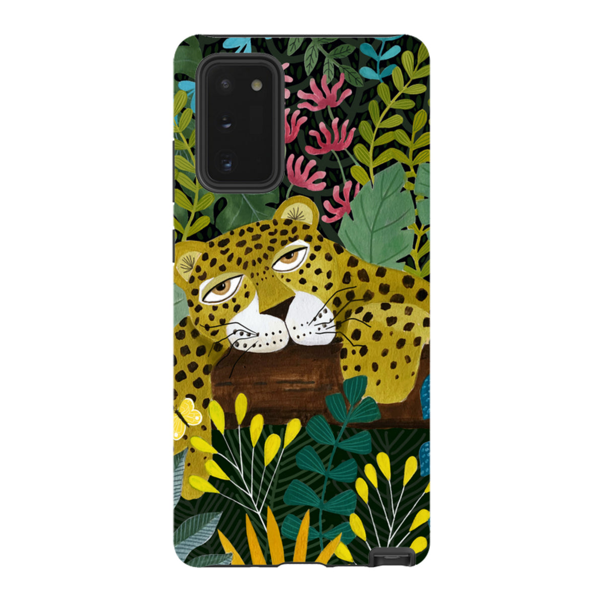 Samsung dual-layer tough phone case featuring a sleepy leopard illustration amidst colorful jungle foliage.