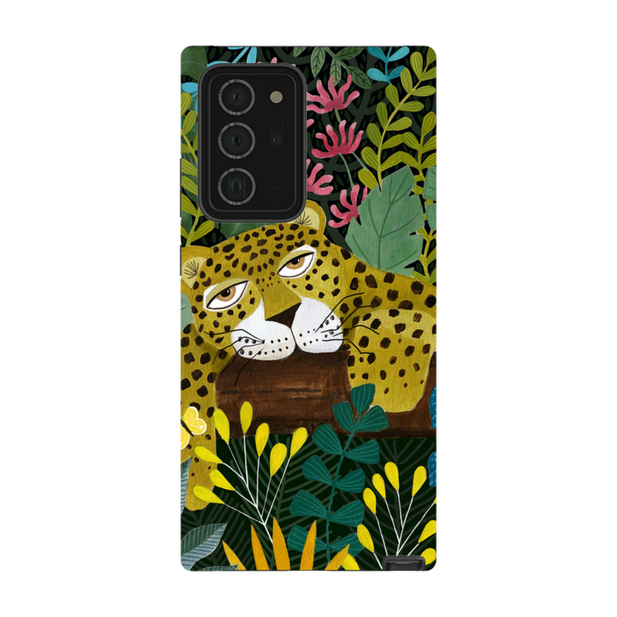 Samsung Tough Case featuring a sleepy leopard illustration amidst colorful jungle foliage and vibrant tropical plants.