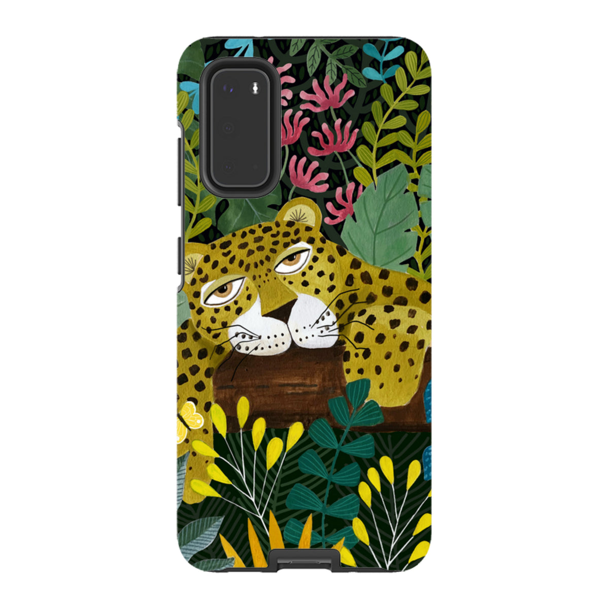 Samsung Tough Case featuring a sleepy leopard illustration by Bex Parkin amidst vibrant jungle foliage and flowers.