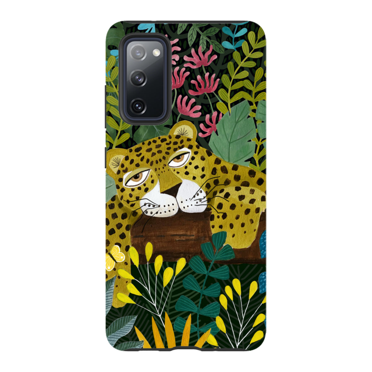 Samsung Tough Case featuring a sleepy leopard illustration by Bex Parkin amidst colorful jungle foliage and flowers.