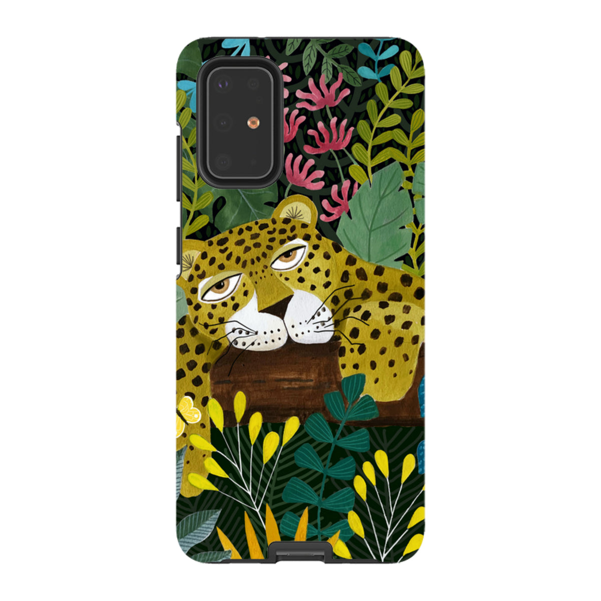 Samsung Tough Case featuring a sleepy leopard illustration in a vibrant jungle setting with dual-layer protection.