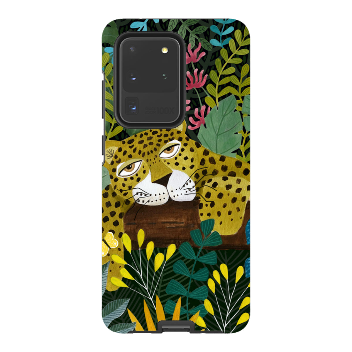 Samsung Tough Case featuring a sleepy leopard illustration by Bex Parkin amidst vibrant jungle foliage and flowers.