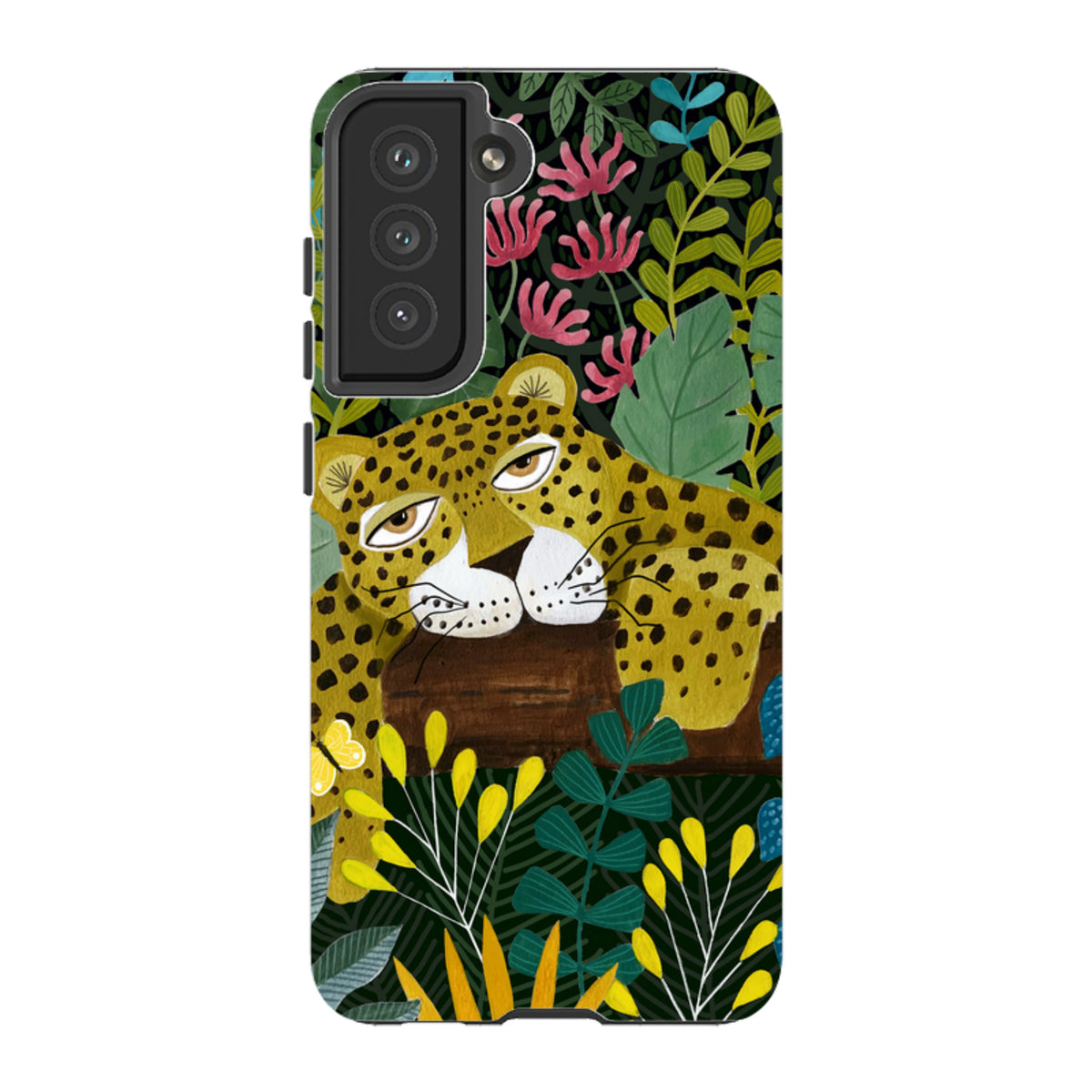 Samsung Tough Case featuring a sleepy leopard illustration by Bex Parkin on a dark, vibrant jungle foliage background.