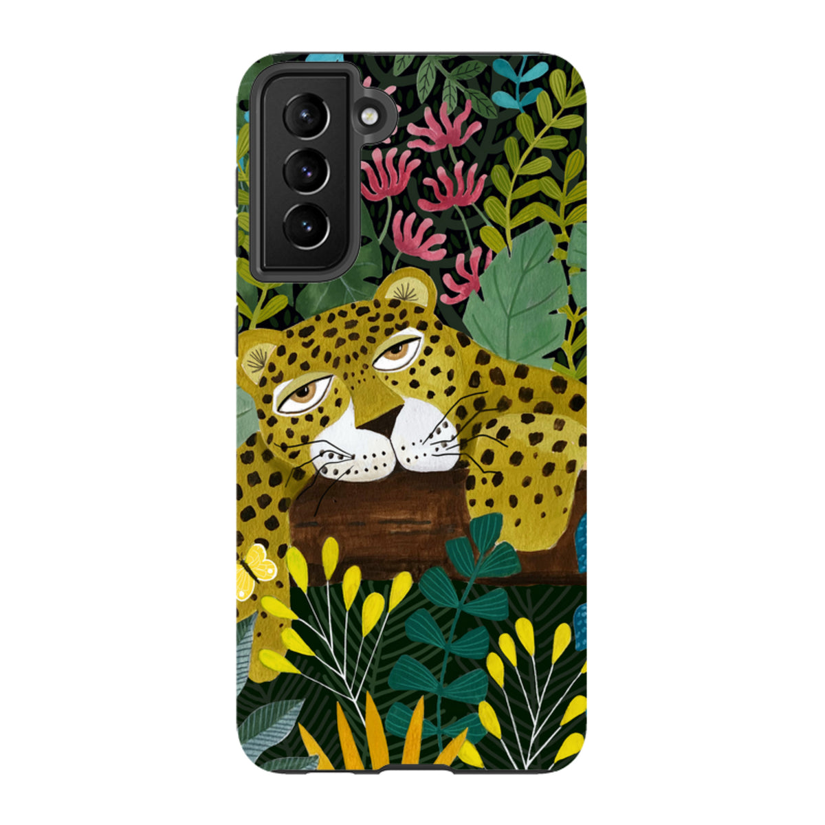 Samsung Tough Case featuring a sleepy leopard illustration by Bex Parkin amidst vibrant jungle foliage and flowers.